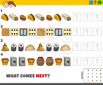 Cartoon Illustration of Completing the Pattern Educational Game for Kids with Food and Objects