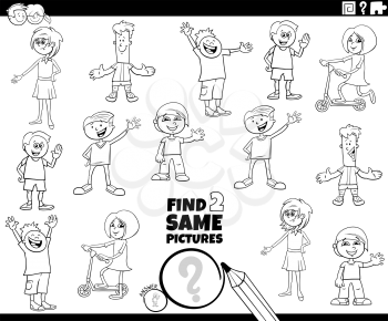 Black and White Cartoon Illustration of Finding Two Same Pictures Educational Activity Game for Children with Girls and Boys Kid Characters Coloring Book Page