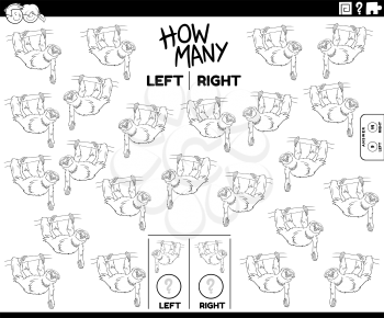 Black and White Cartoon Illustration of Educational Task of Counting Left and Right Oriented Pictures of Sloth Animal Character Coloring Book Page
