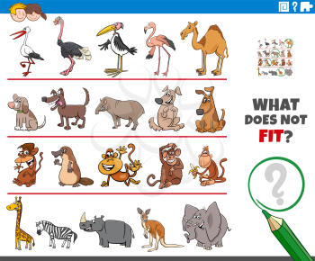 Cartoon Illustration of Finding Picture that does not Fit in a Row Educational Task for Elementary Age or Preschool Children with Animals
