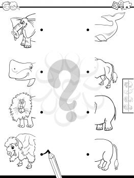 Black and White Cartoon Illustration of Educational Game of Matching Halves of Pictures with Wild Animal Characters Color Book