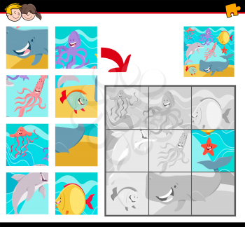 Cartoon Illustration of Educational Jigsaw Puzzle Game for Children with Happy Underwater Sea Life Animal Characters