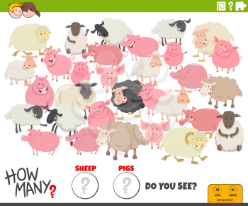 Illustration of Educational Counting Game for Children with Cartoon Funny Sheep and Pigs Farm Animal Characters Group