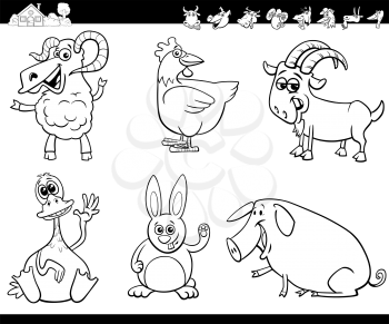 Black and White Cartoon Illustration of Funny Farm Animal Comic Characters Set Coloring Book