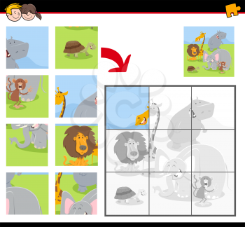 Cartoon Illustration of Educational Jigsaw Puzzle Game for Children with Funny Wild Animals