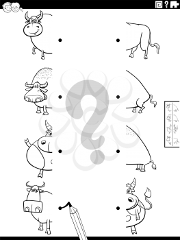 Black and white cartoon illustration of educational game of matching halves of pictures with funny bulls farm animal characters coloring book page