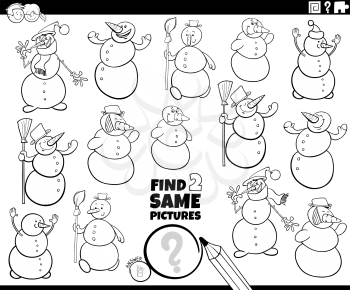 Black and white cartoon illustration of finding two same pictures educational game for children with snowmen characters coloring book page