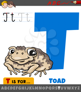 Educational cartoon illustration of letter T from alphabet with toad animal character for children 