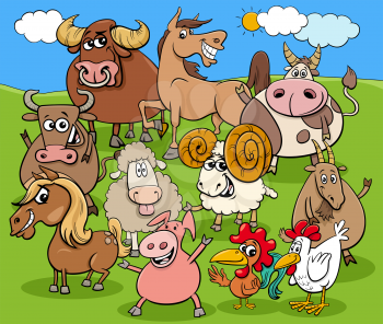 Cartoon illustration of funny farm animals comic characters group