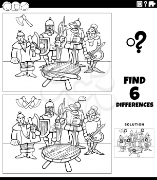 Black and white cartoon illustration of finding the differences between pictures educational game for kids with knights group coloring book page