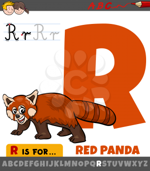Educational cartoon illustration of letter R from alphabet with red panda animal for children 