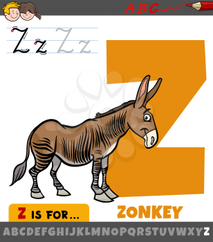 Educational cartoon illustration of letter Z from alphabet with zonkey animal character for children 