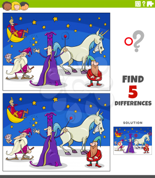 Cartoon illustration of finding the differences between pictures educational game with fantasy characters