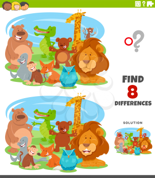 Cartoon illustration of finding the differences between pictures educational game for children with wild animal characters