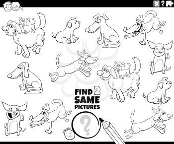 Black and white cartoon illustration of finding two same pictures educational game with funny dogs comic characters coloring book page
