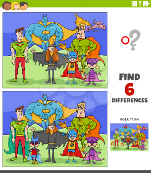 Cartoon illustration of finding the differences between pictures educational game for kids with funny super hero characters