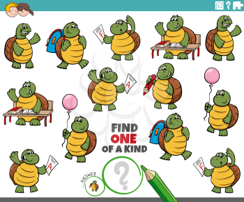 Cartoon illustration of find one of a kind picture educational game with turtles student characters