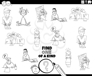 Black and white cartoon illustration of find one of a kind picture educational game with children and teens student characters coloring book page