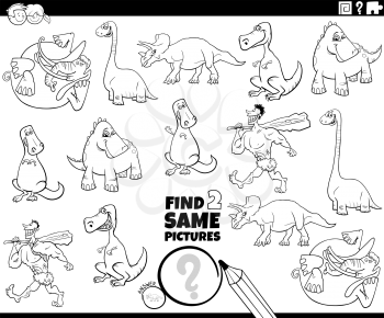 Black and white cartoon illustration of finding two same pictures educational game for children with dinosaurs and prehistoric characters coloring book page
