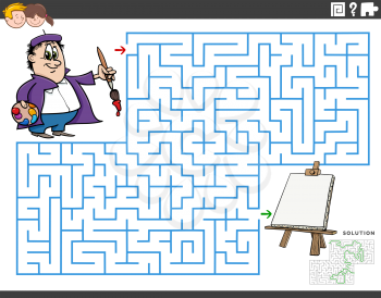Cartoon illustration of educational maze puzzle game for children with painter and easel