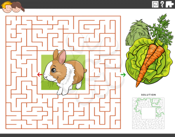 Cartoon illustration of educational maze puzzle game for children with rabbit animal character with hay, carrot and lettuce