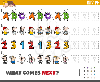 Cartoon illustration of completing the pattern educational game for children with comic people and letters characters