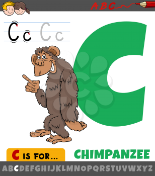 Educational cartoon illustration of letter C from alphabet with chimpanzee animal character for children 