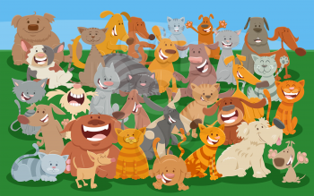Cartoon illustration of comic cats and dogs funny animal characters big group