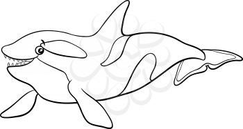 Black and white cartoon illustration of orca or killer whale sea animal character coloring book page