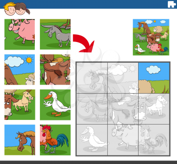 Cartoon illustration of educational jigsaw puzzle game for children with funny farm animal characters