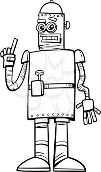 Black and white cartoon illustration of funny robot fantasy comic character coloring book page