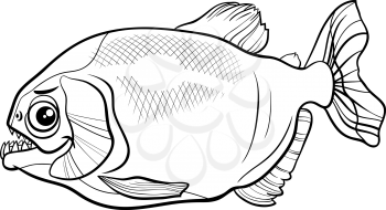 Black and white cartoon illustration of piranha fish animal character coloring book page