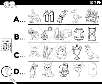 Black and white cartoon illustration of finding pictures starting with referred letter educational task worksheet for preschool or elementary school children with comic characters coloring book page