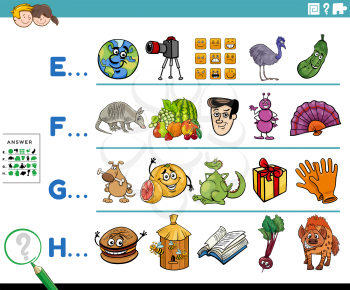 Cartoon illustration of finding pictures starting with referred letter educational game worksheet for preschool or elementary school children with comic characters