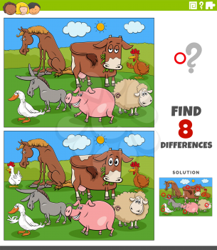 Cartoon illustration of finding the differences between pictures educational game for children with funny farm animals characters