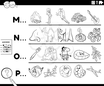 Black and white illustration of finding pictures starting with referred letter educational game for preschool or elementary school children with cartoon characters coloring book page