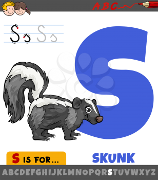Educational cartoon illustration of letter S from alphabet with skunk animal character
