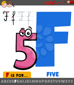 Educational cartoon illustration of letter F from alphabet with five number