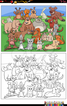 Cartoon illustration of funny dogs and cats and rabbits animal characters group coloring book page