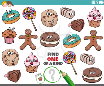 Cartoon illustration of find one of a kind picture educational game for children with comic sweet food characters