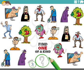 Cartoon illustration of find one of a kind picture educational task for children with comic characters