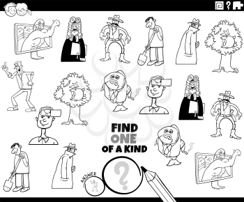 Black and white cartoon illustration of find one of a kind picture educational task for children with comic characters coloring book page