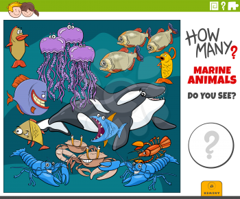 Illustration of educational counting game for children with cartoon fish and marine animals characters group
