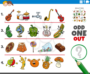 Cartoon illustration of odd one out picture in a row educational task for elementary age or preschool children with comic characters