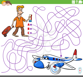 Cartoon illustration of lines maze puzzle game with man with ticket and suitcase ready to take off and the airliner