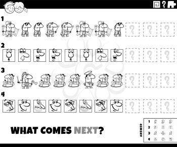 Black and white cartoon illustration of completing the pattern educational game for children with comic characters coloring book page