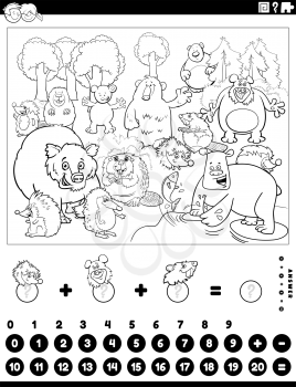 Black and white cartoon illustration of educational mathematical counting and addition game for children with bears and hedgehogs and beavers coloring book page