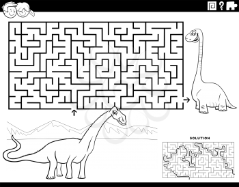 Black and white cartoon illustration of educational maze puzzle game for children with funny dinosaurs characters coloring book page