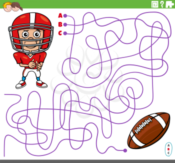 Cartoon illustration of lines maze puzzle game with football player character and ball