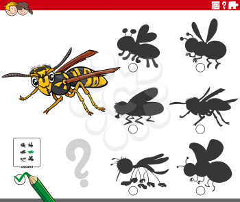 Cartoon illustration of finding the right shadow to the picture educational game for children with yellowjacket or wasp insect character
